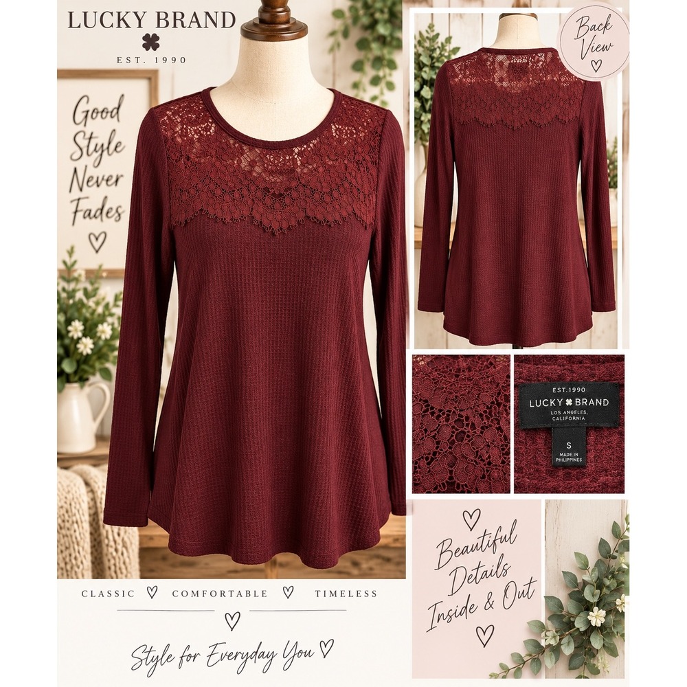 Lucky Brand Womens Waffle Knit Thermal Top Burgundy Lace Yoke Long Sleeve Small